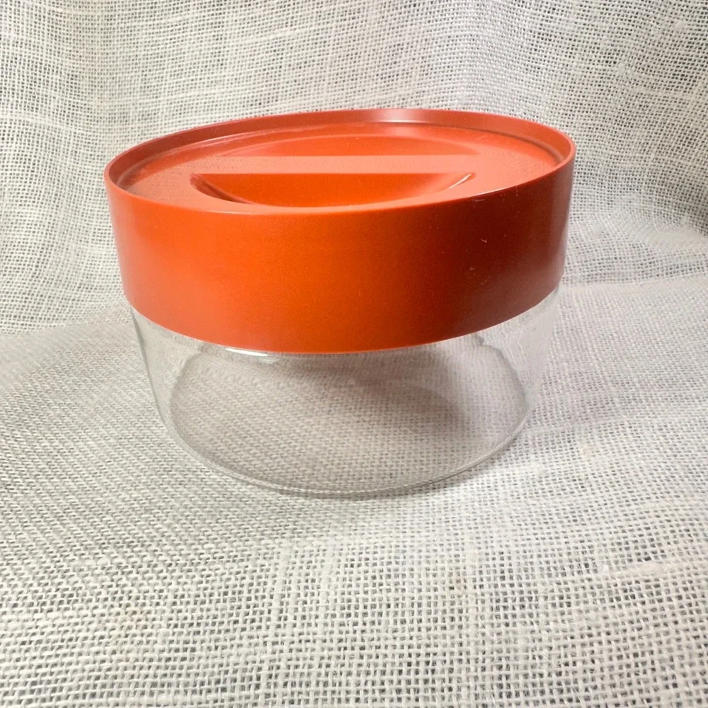 Vintage Pyrex 7080-C‎ Clear Glass Storage Bowl with Orange Lid Retro USA Made